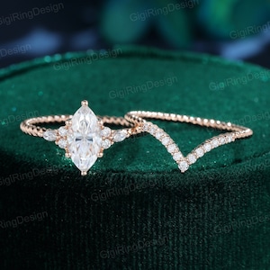 Marquise moissanite engagement ring set Unique Rose gold engagement ring Vintage Cluster ring Swist ring Bridal Promise Anniversary gift