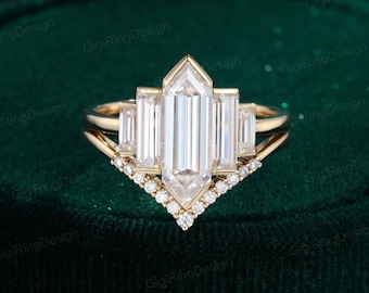 Hexagon moissanite engagement ring set Unique Yellow gold engagement ring Cluster baguette ring Bezel Set art deco Bridal set Anniversary