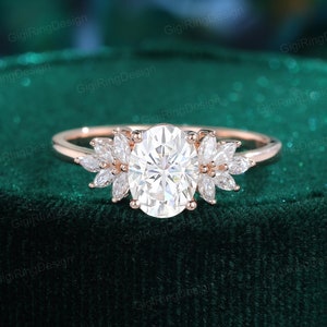 Oval cut Moissanite engagement ring Rose gold Cluster engagement ring Vintage Art Deco marquise engagement ring Bridal Promise Anniversary
