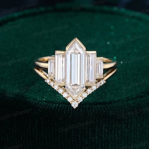Hexagon Moissanit Verlobungsring Set Einzigartige Gelbgold Verlobungsring Cluster Baguette Ring Bezel Set Art Deco Braut Jahrestag
