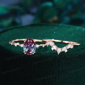 Vintage Oval Alexandrite engagement ring set Unique Rose gold moissanite engagement ring marquise diamond ring Bridal Promise Anniversary