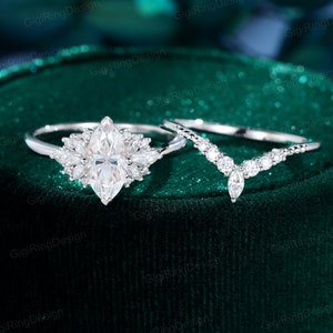 White gold Marquise moissanite engagement ring set Unique Vintage Cluster engagement ring Art Deco ring Bridal Promise Anniversary gift