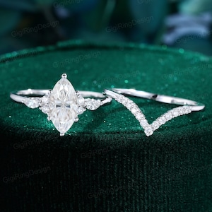 White gold engagement ring set Unique Marquise moissanite engagement ring set Vintage Cluster diamond ring ring Bridal Promise Anniversary