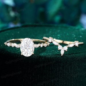 Oval moissanite engagement ring set unique Yellow gold engagement ring engagement ring marquise Curved ring Bridal set Promise Anniversary