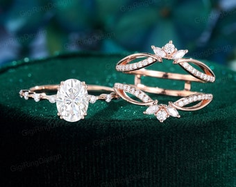 Oval moissanite engagement ring set Unique Rose gold enhancer ring set vintage double marquise diamond ring Bridal set Promise Anniversary