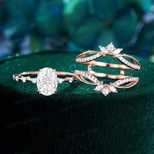 Oval moissanite engagement ring set Unique Rose gold enhancer ring set vintage double marquise diamond ring Bridal set Promise Anniversary