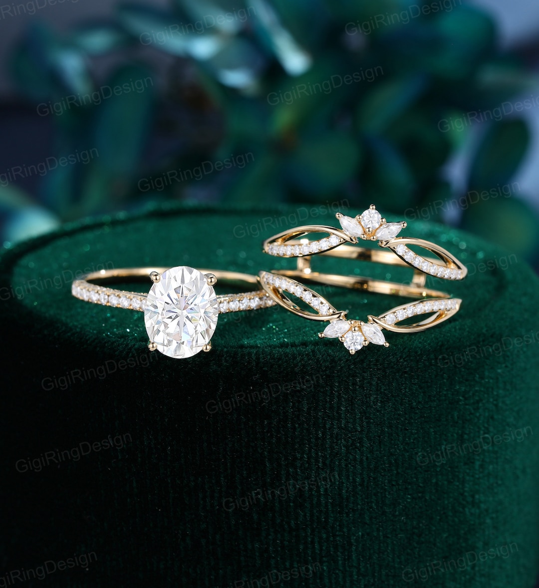 2ct Oval Cut Moissanite Engagement Ring Set Yellow Gold Double Wedding ...