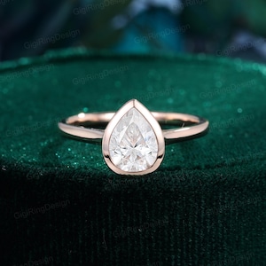 Bezel set Pear cut Moissanite engagement Ring 14K Rose gold wedding& engagement ring Unique art deco ring Bridal promise Anniversary gift