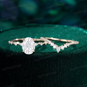 Oval Moissanite engagement ring set Unique Rose gold diamond engagement ring women Vintage  curved engagement ring art deco ring Bridal set