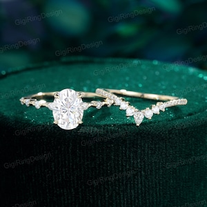 Vintage Oval Moissanite engagement ring set Unique Yellow gold diamond engagement ring women curved engagement ring art deco ring Bridal set