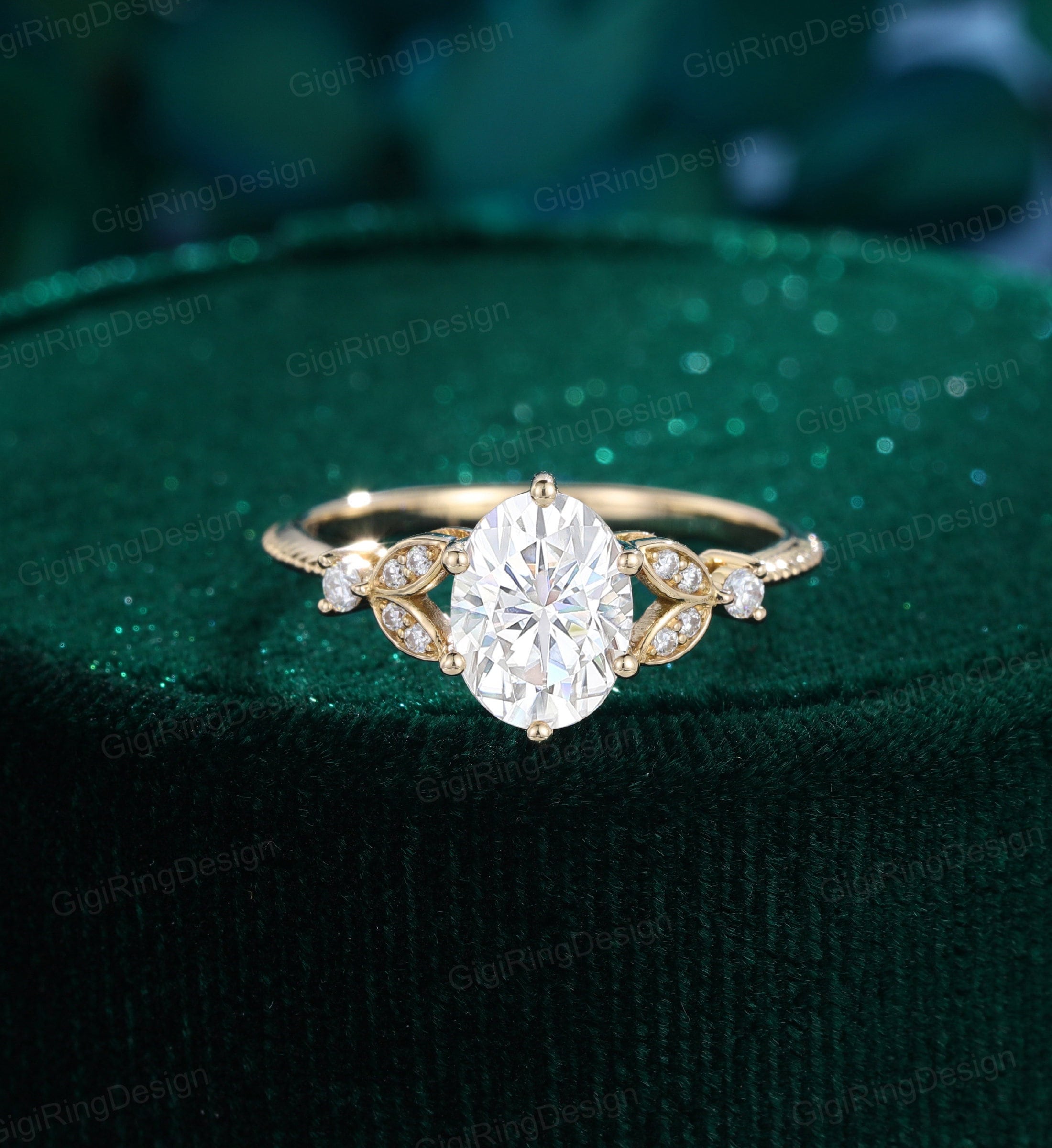 Oval shaped Moissanite engagement ring Vintage Yellow gold engagement ring Unique engagement ring cluster marquise ring Promise Anniversary