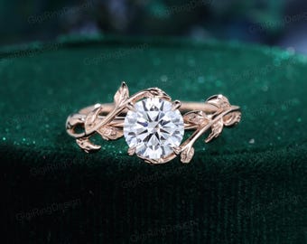 Round Lab grown diamond engagement ring leaf flower ring 14k Solid Rose gold ring art deco promise ring prong set unique anniversary ring