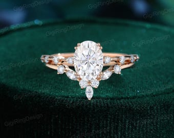 Oval moissanite engagement ring set unique Rose gold engagement ring vintage engagement ring wedding Bridal ring Promise Anniversary gift