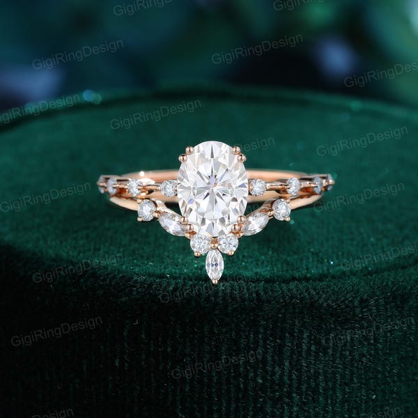 Oval moissanite engagement ring set unique Rose gold engagement ring vintage engagement ring wedding Bridal ring Promise Anniversary gift