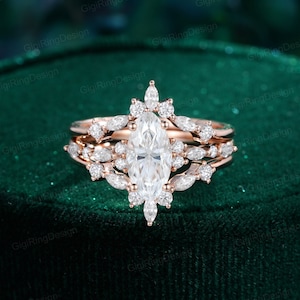 Vintage Marquise moissanite engagement ring set 14K rose gold enhancer ring set Unique Marquise double row diamond Bridal Anniversary gift