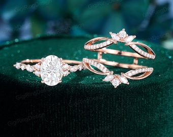 1.5CT Oval moissanite engagement ring set Unique Rose gold double ring vintage cluster diamond enhancer ring Bridal set Promise Anniversary