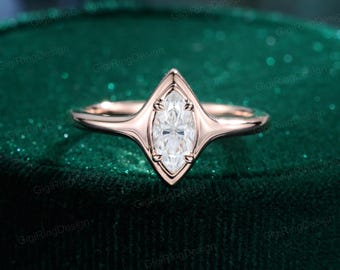 Bezel set Marquise Moissanite engagement Ring 14K Rose gold wedding& engagement ring Unique art deco ring Bridal promise Anniversary gift