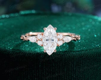 Marquise Moissanite Engagement Ring, Vintage Rose Gold Cluster Ring, Art Deco Diamond Bridal Ring, Anniversary Gift for Her