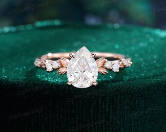 Pear shaped moissanite engagement ring unique vintage Rose gold engagement ring Cluster diamond wedding ring Bridal Promise Anniversary gift