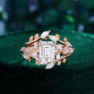 1.8CT Emerald cut moissanite engagement ring set 14K rose gold enhancer ring set Unique Vintage double row diamond Bridal Anniversary gift