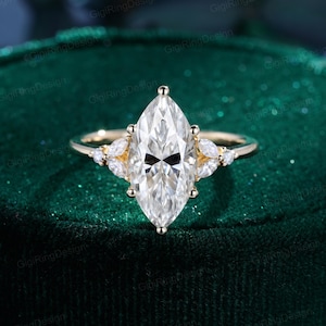 Marquise moissanite engagement ring women Unique Yellow gold engagement ring vintage cluster diamond ring Bridal Promise Anniversary gift