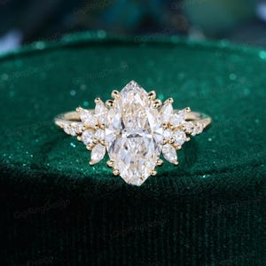 Marquise cut Moissanite engagement ring Unique Yellow gold engagement ring women vintage cluster ring Bridal promise ring Anniversary ring