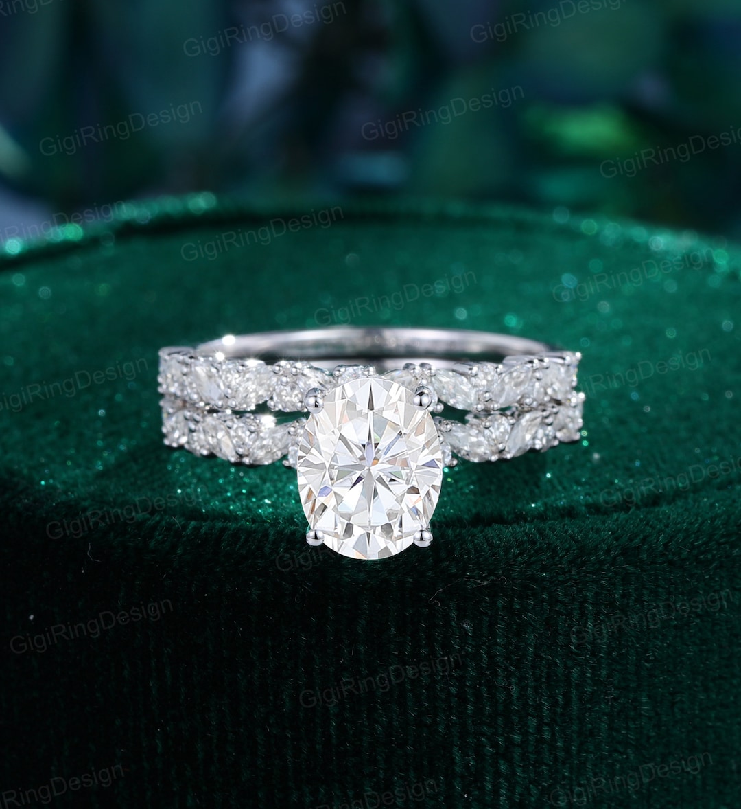 2ct Oval Moissanite Engagement Ring Set 14K Gold Engagement Ring Half ...