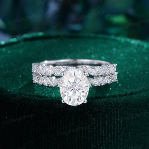 2ct Oval Moissanite engagement ring set 14K gold engagement ring Half eternity Marquise cut vintage ring Bridal set Promise Anniversary gift