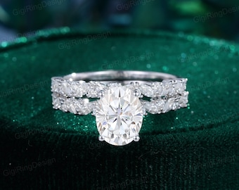 2ct Oval Moissanite engagement ring set 14K gold engagement ring Half eternity Marquise cut vintage ring Bridal set Promise Anniversary gift