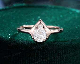 Bezel set Pear cut Moissanite engagement Ring 14K Rose gold wedding& engagement ring Unique art deco ring Bridal promise Anniversary gift
