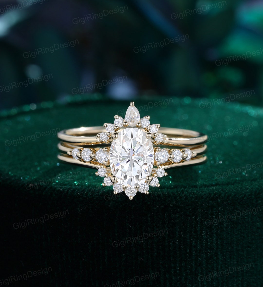 1.5CT Oval Cut Moissanite Engagement Ring Set 14K Yellow Gold Enhancer ...
