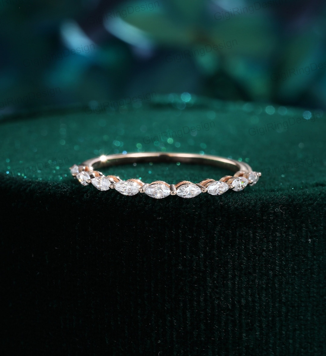 14K Rose Gold Wedding Band Marquise Cut Natural Diamond Moissanite Band ...