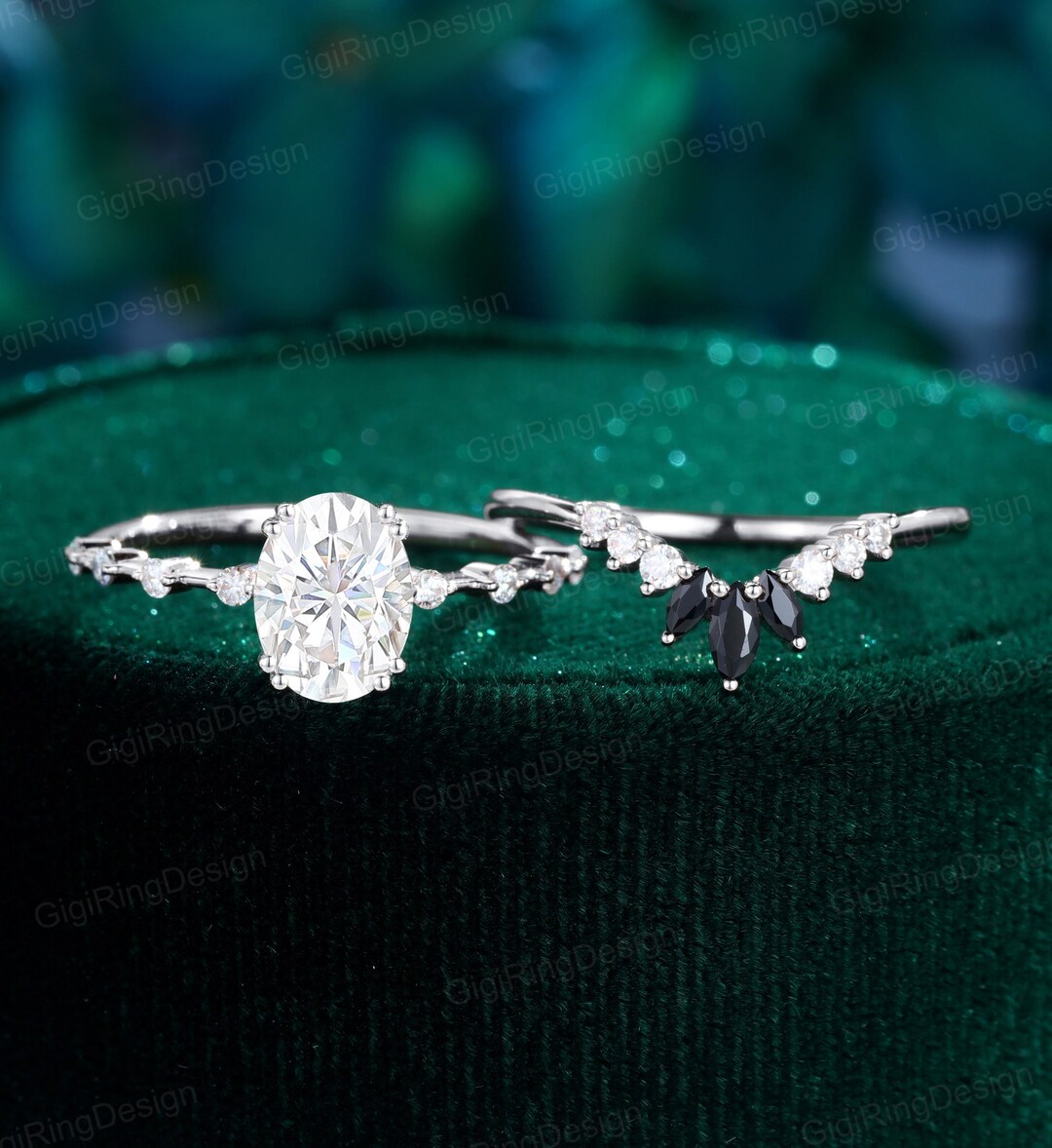 Vintage Oval Cut Moissanite Engagement Ring Set White Gold Engagement ...