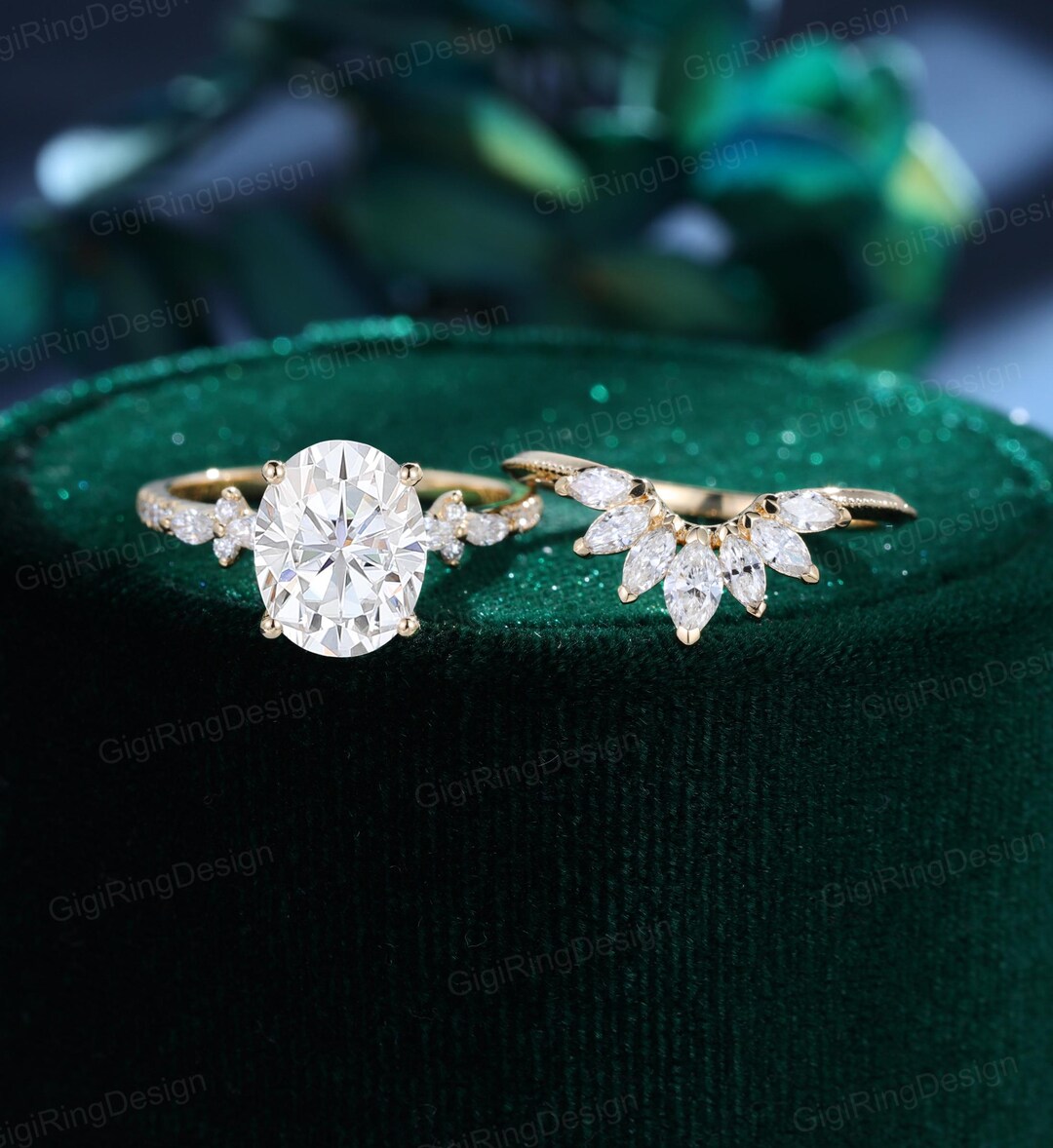 3ct Oval Moissanite Engagement Ring Set Unique Yellow Gold Engagement ...