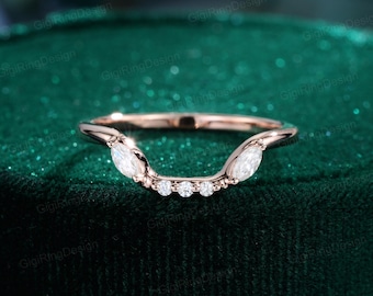 Curved Diamond Wedding Band, Marquise Moissanite Matching Band, Rose Gold Chevron Bridal Ring, Stackable Anniversary Gift for Her
