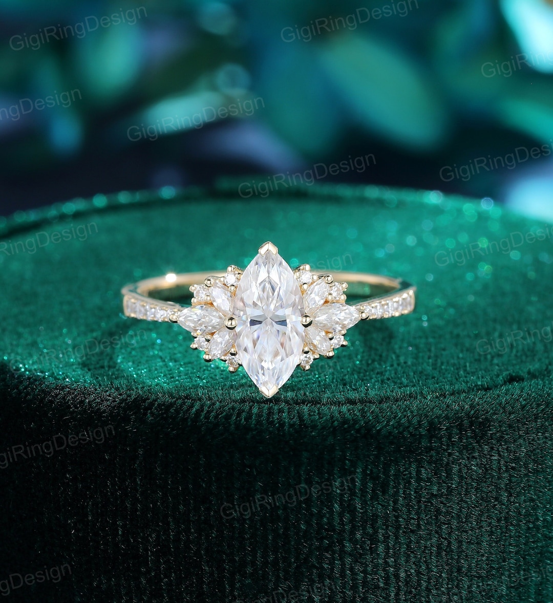 Vintage Marquise Moissanite Engagement Ring Unique Yellow Gold Cluster ...