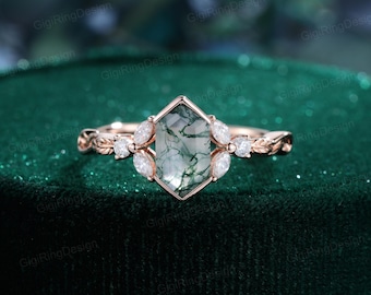 Unique Hexagon moss agate engagement ring 14K solid rose gold women engagement ring Vintage marquise cluster art deco ring Anniversary gift