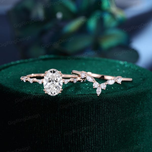 1.5CT IGI Certified Oval Lab Grown Diamond Engagement ring set Vintage Moissanite Wedding Ring Set Unique Rose gold Promise Anniversary gift