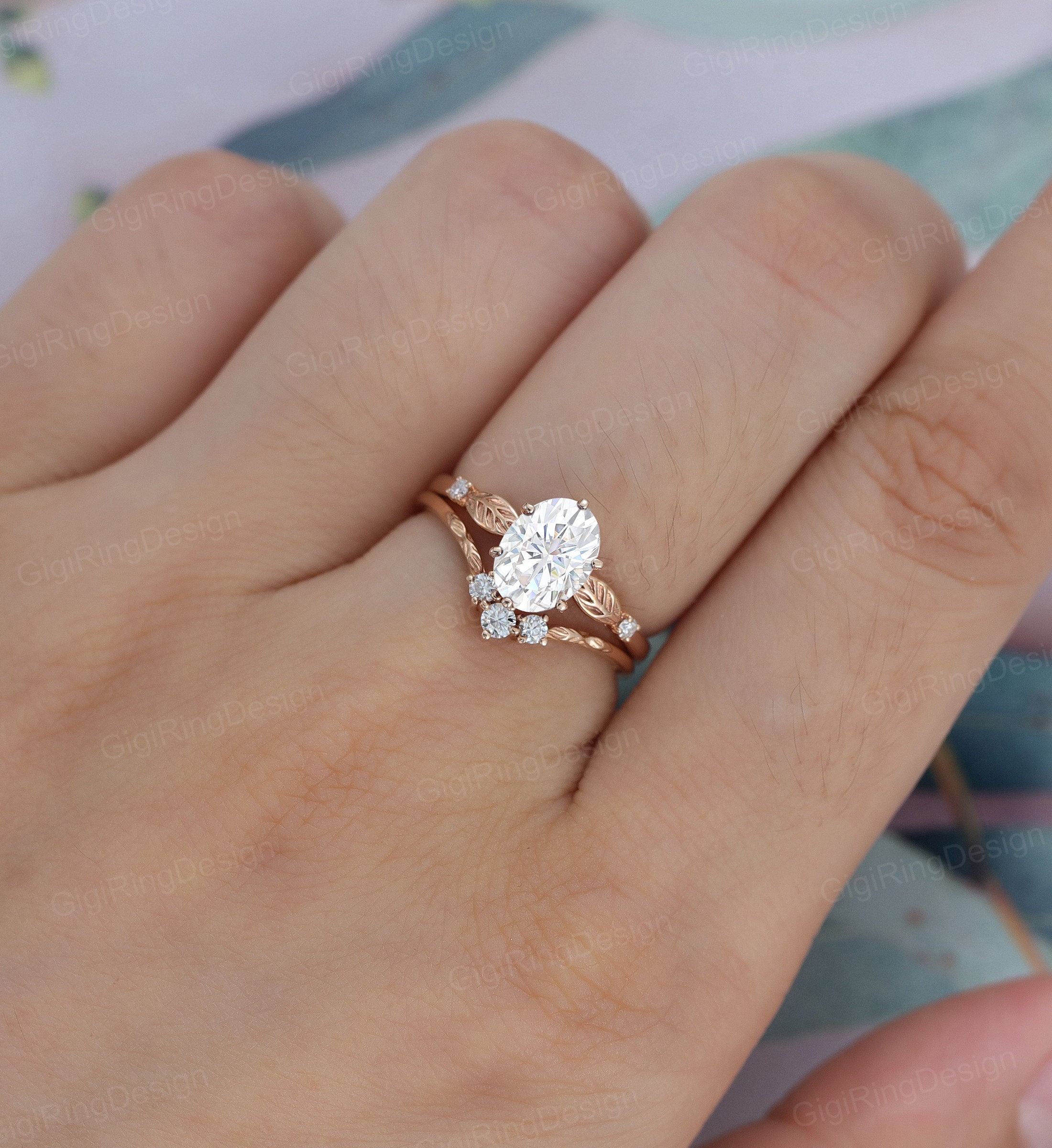 Oval Shape Moissanite Engagement Ring Set Leaf Ring Vintage Rose Gold ...