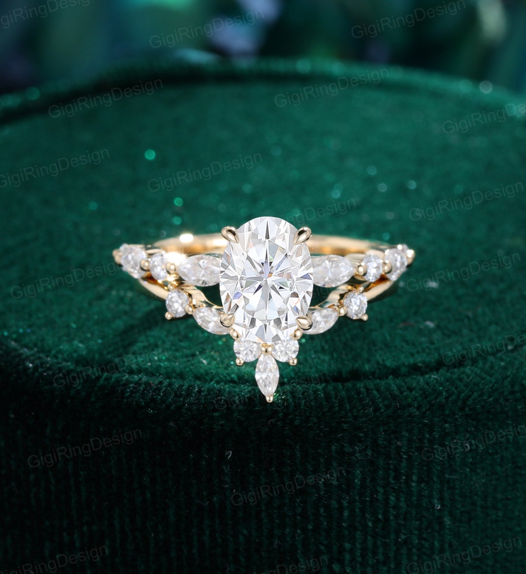 2CT Oval Moissanite Engagement Ring Set Unique Yellow Gold Engagement ...