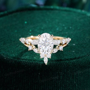 2CT Oval moissanite engagement ring set Unique Yellow gold engagement ring vintage marquise cluster diamond Bridal set Promise Anniversary