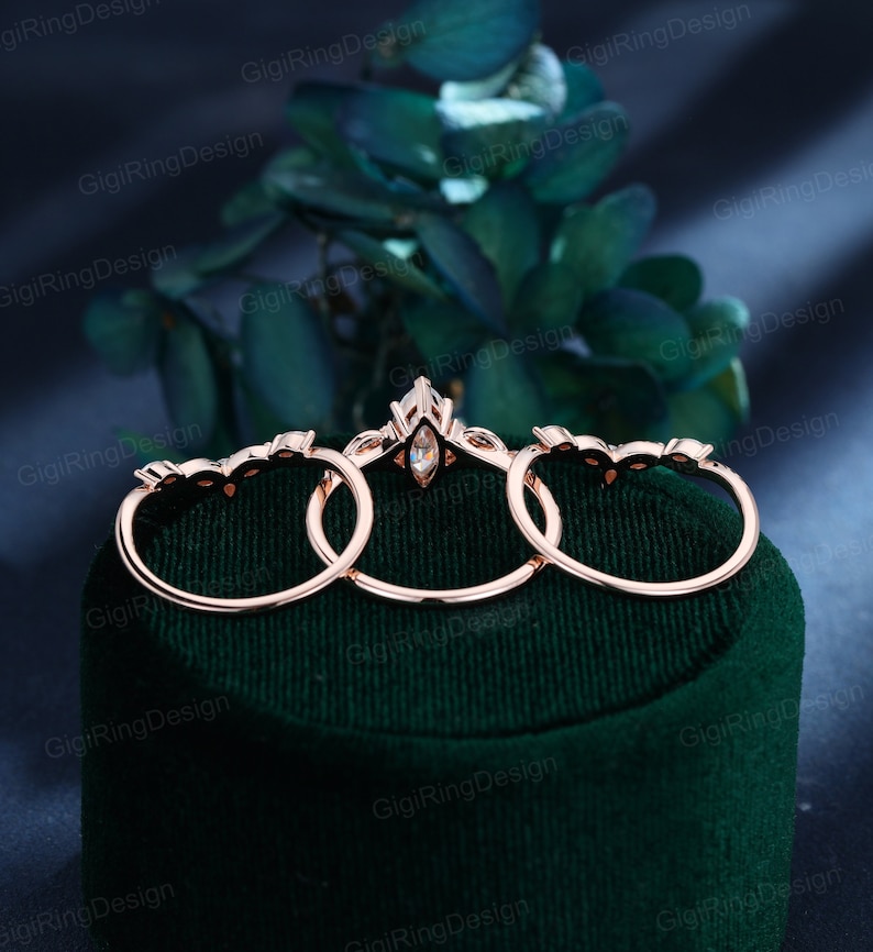3pcs Marquise moissanite verlovingsring vrouwen Unieke Vintage 14k Rose gouden diamanten verlovingsring set Art Deco Bruidsbelofte Verjaardag afbeelding 5