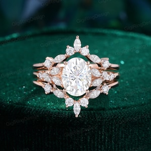 Vintage Oval cut moissanite engagement ring set 14K rose gold enhancer ring set Unique Marquise double row diamond Bridal Anniversary gift