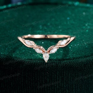Vintage Moissanite wedding band Unique Rose gold Diamond wedding band bridal ring Marquise curved wedding ring promise ring anniversary gift