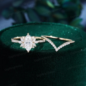 Marquise cut lab created diamond engagement ring set Unique Yellow gold engagement ring Vintage Cluster Bridal set Wedding Anniversary Gift