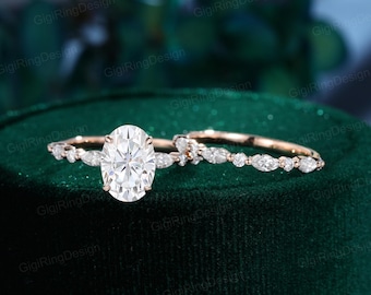 2.5CT Oval Moissanite engagement Ring Set Unique Rose gold cluster engagement ring vintage marquise wedding ring Bridal set Anniversary gift