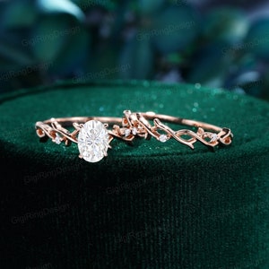 Oval Moissanite engagement ring unique vintage engagement ring Rose gold engagement ring twist wedding ring Bridal set Promise Anniversary