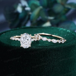 Oval Lab grown diamond engagement Ring Set 2ct Unique Marquise Rose gold engagement ring vintage wedding Bridal set Anniversary gift for her