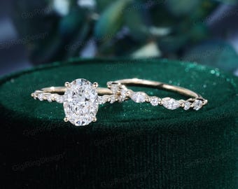 Oval Lab grown diamond engagement Ring Set 2ct Unique Marquise Rose gold engagement ring vintage wedding Bridal set Anniversary gift for her