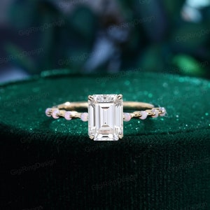 2CT Emerald cut Moissanite Engagement Ring Vintage Unique Solid Yellow gold Opal side stone engagement ring Bridal Promise Anniversary gift